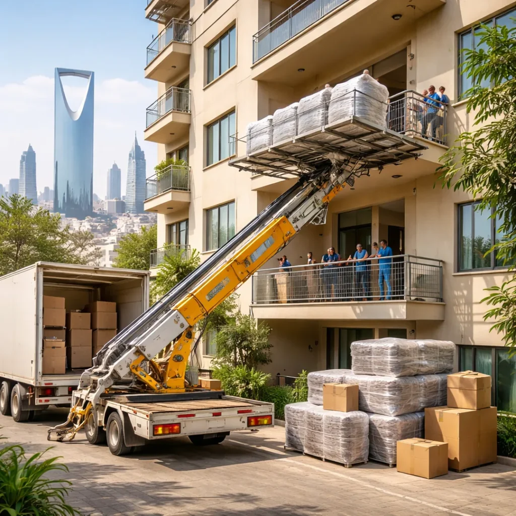 رافعة ونش رفع أثاث داخل الرياض ترفع قطع أثاث مغلّفة إلى شرفة شقة لتسهيل نقل العفش بأمان