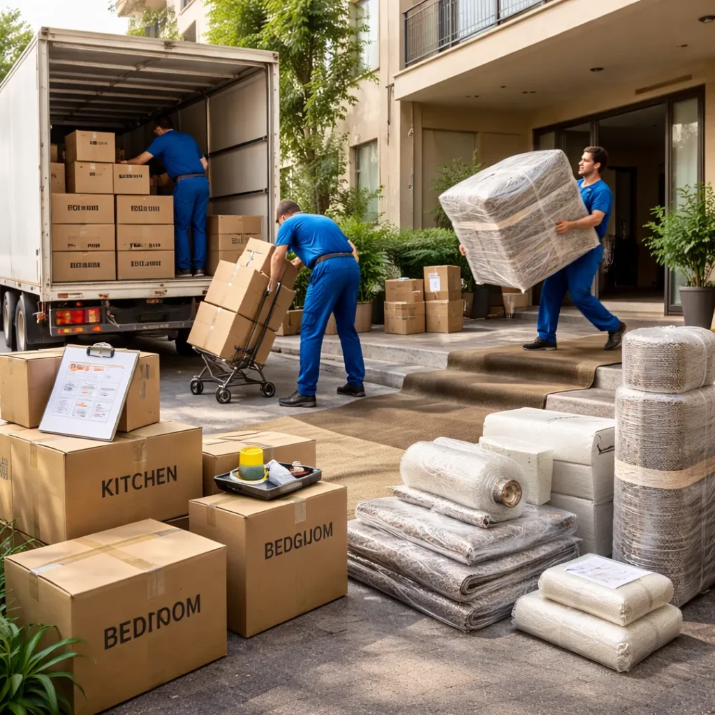 عمال ينقلون ويحمّلون كراتين وأثاثًا مغلفًا خارج شقة داخل الرياض مع تجهيزات تغليف لتجنب أخطاء يوم النقل