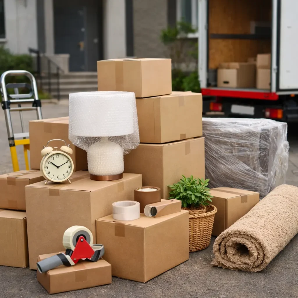 كراتين تغليف ومواد حماية أمام شاحنة نقل توضح قائمة التحقق قبل نقل العفش داخل الرياض