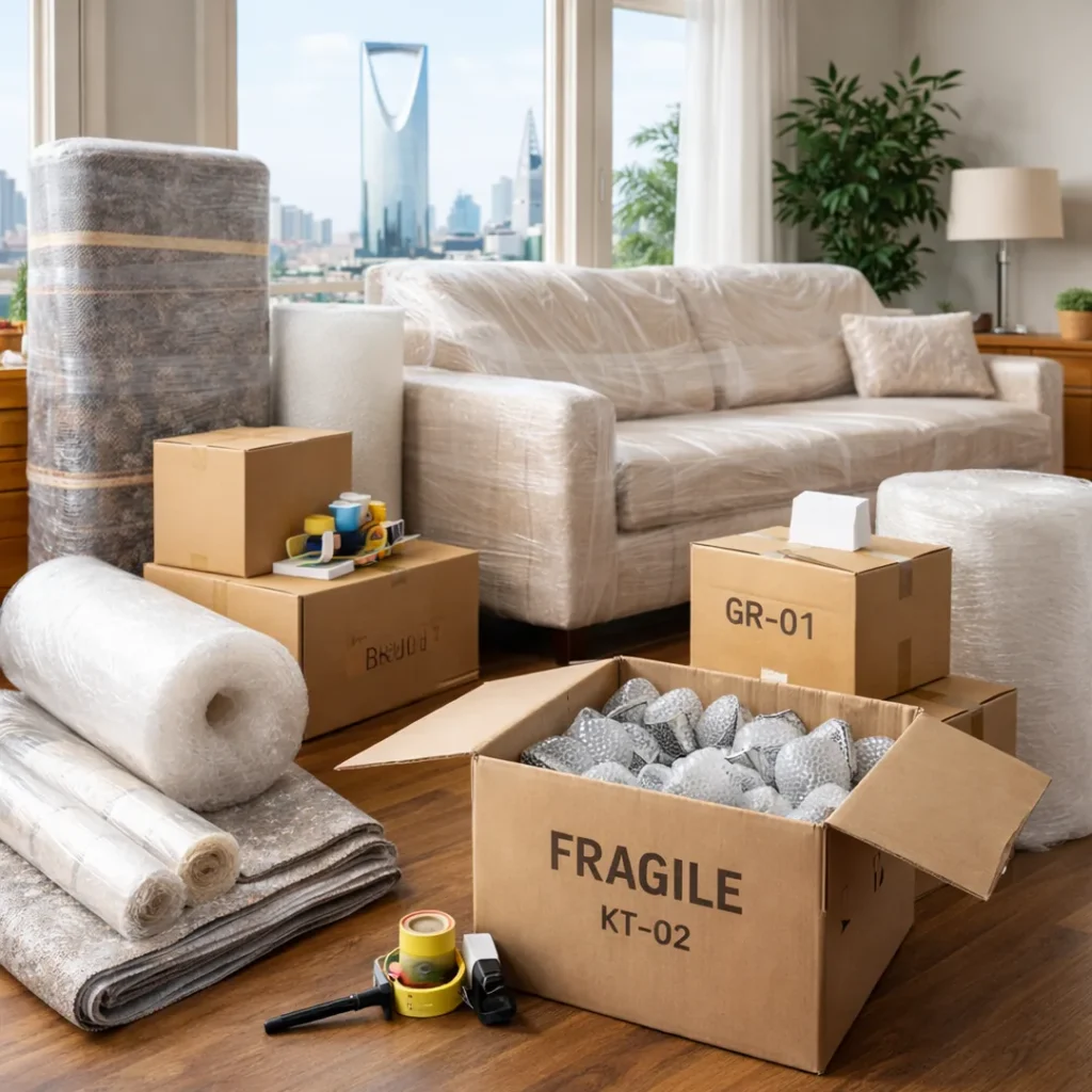 تغليف العفش قبل النقل داخل الرياض باستخدام استرتش وبابل راب وكراتين منظمة لحماية الأثاث
