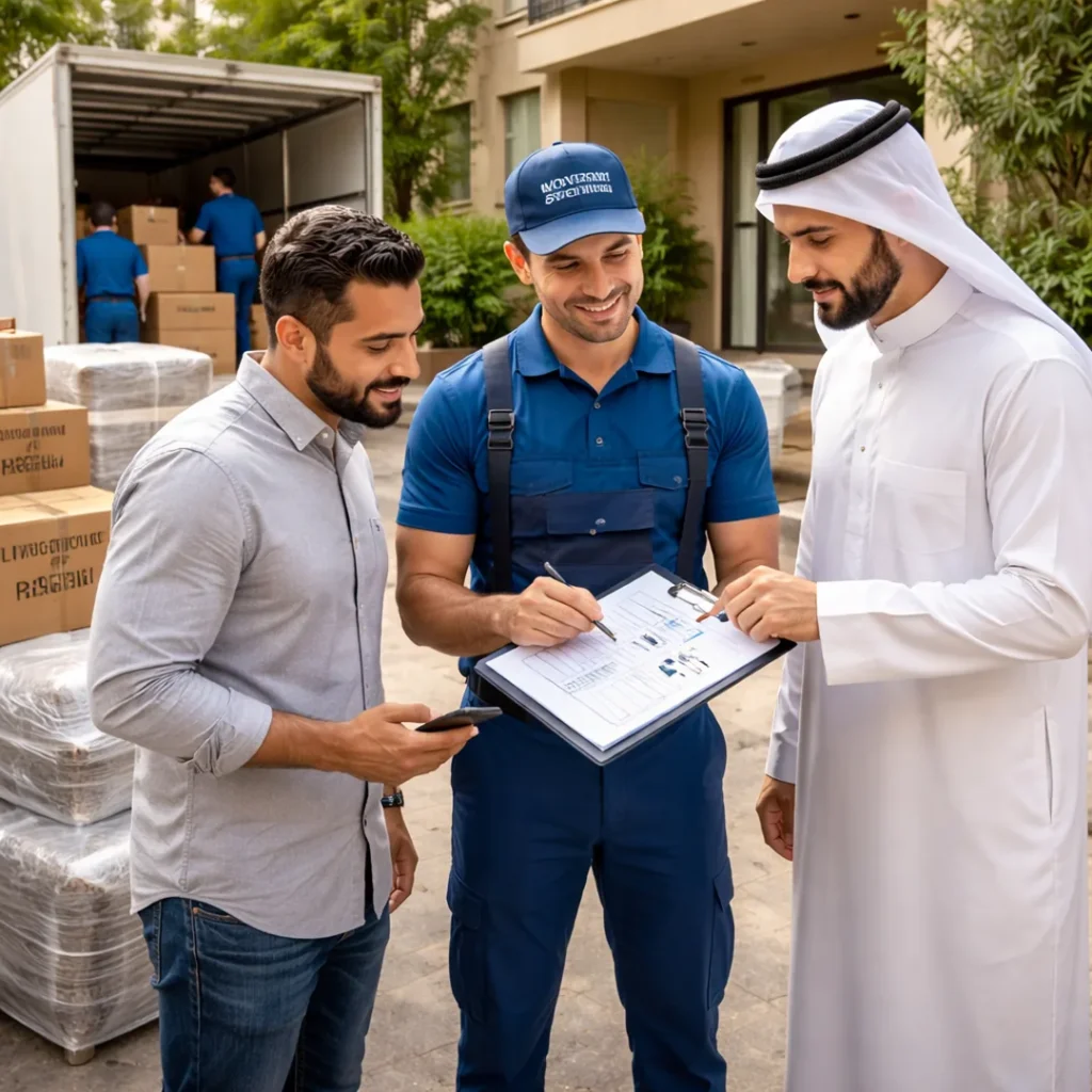 عميل يتأكد من تفاصيل نقل العفش مع مشرف شركة نقل خارج المنزل في الرياض مع كراتين وأثاث مغلف