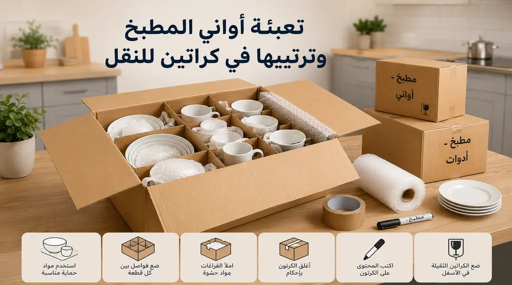 ترتيب العفش عند النقل 2 تعبئة أواني المطبخ وترتيبها في كراتين للنقل