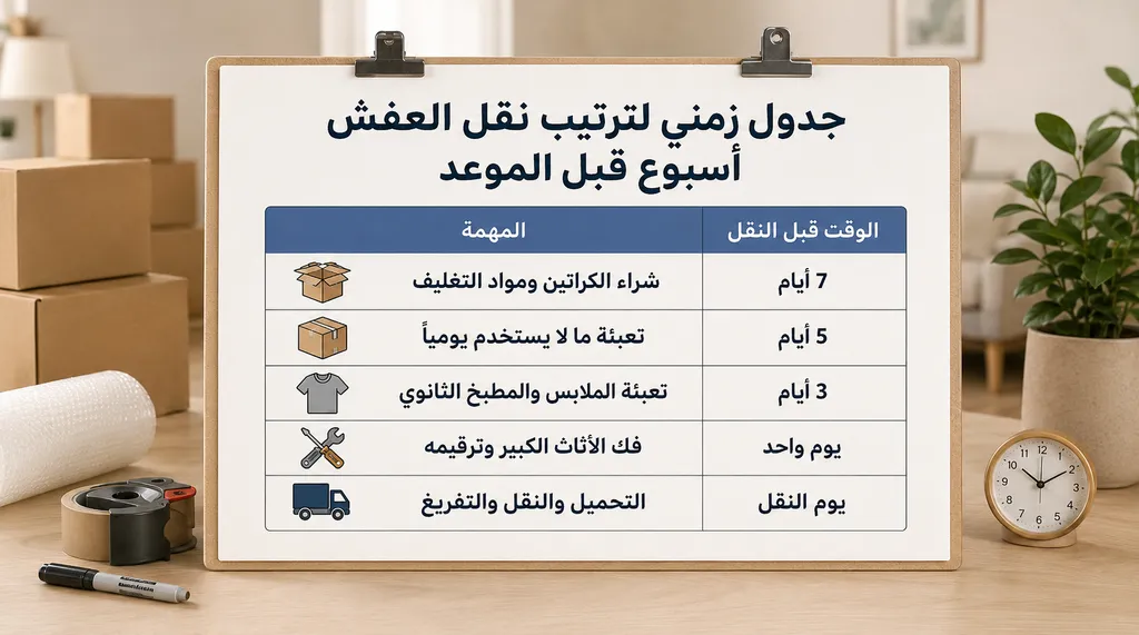 ترتيب العفش عند النقل 3 جدول زمني لترتيب نقل العفش أسبوع قبل الموعد