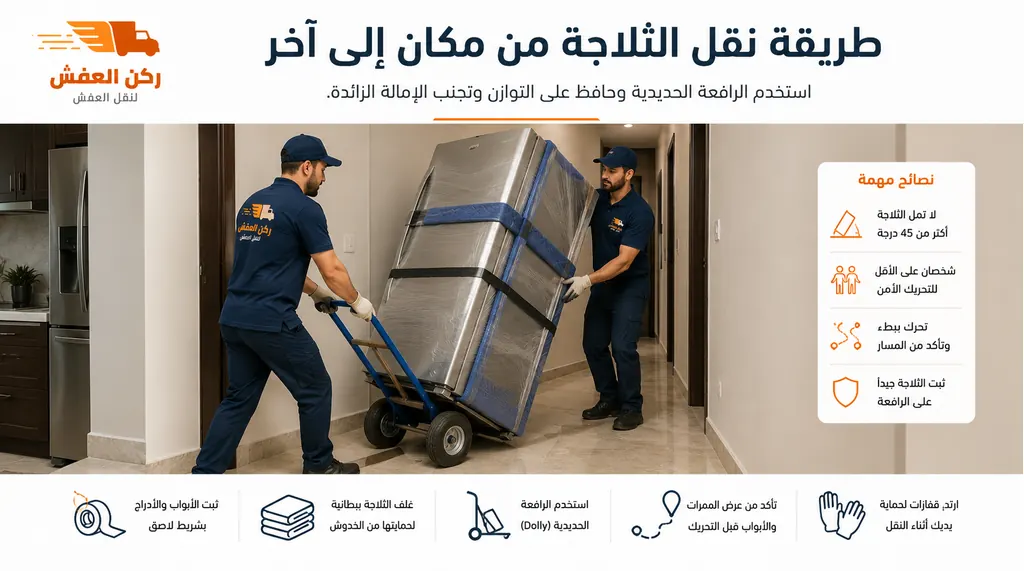 شخصان ينقلان ثلاجة مغلفة باستخدام الرافعة الحديدية عبر ممر ضيق