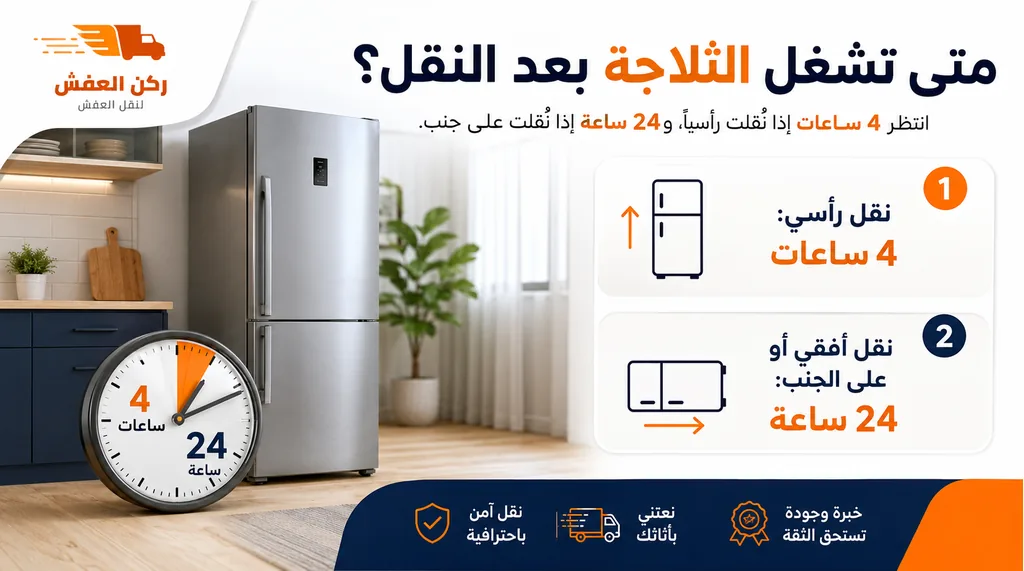 ثلاجة في مكانها الجديد مع ساعة توضح الانتظار 4 ساعات أو 24 ساعة قبل التشغيل